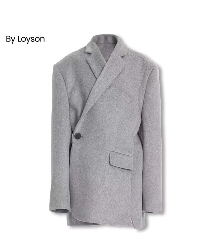 Asymmetric irregular cut wool texured blazer midi coat with split