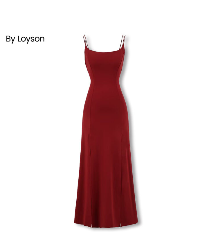 Solid backless scoop neck wasist clinching spaghetti strap maxi dress with bra pads and front splits