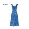 French style white floral print ruffle lace bow sleeveless midi dress in blue