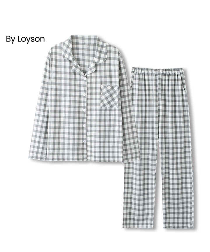 White and grey check shirt&pants pajama set