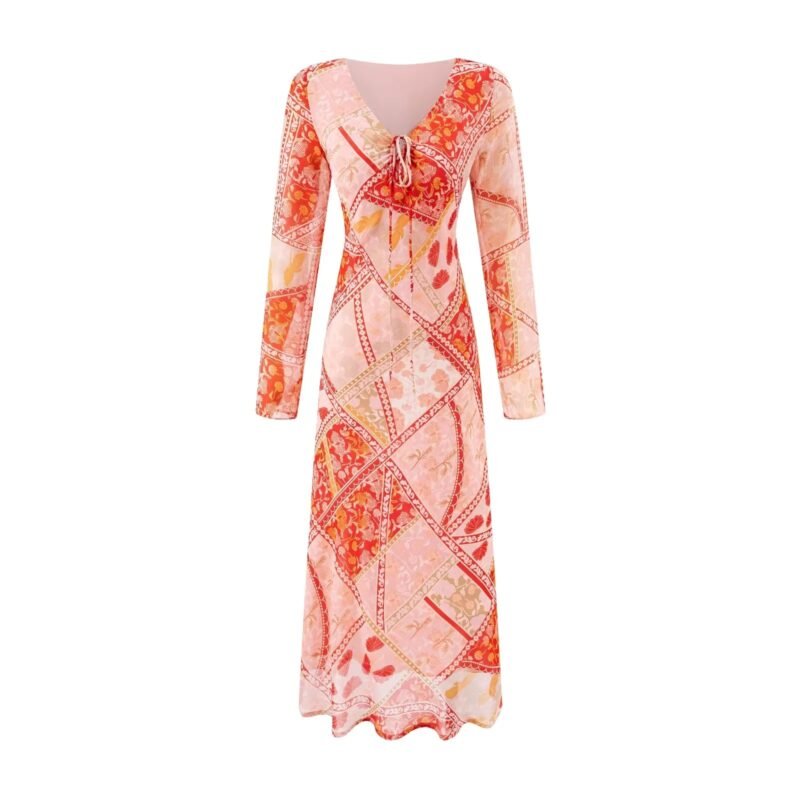 Safari floral print long sleeve midi dress #C002