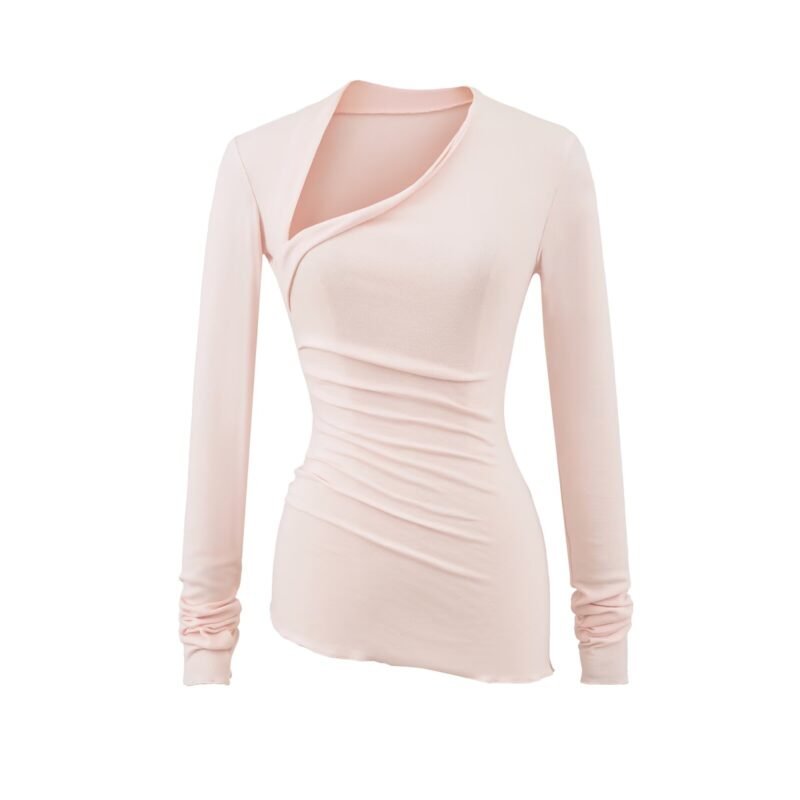 Asymmetrical Neck Ruched Lettuce Trim Top #C001