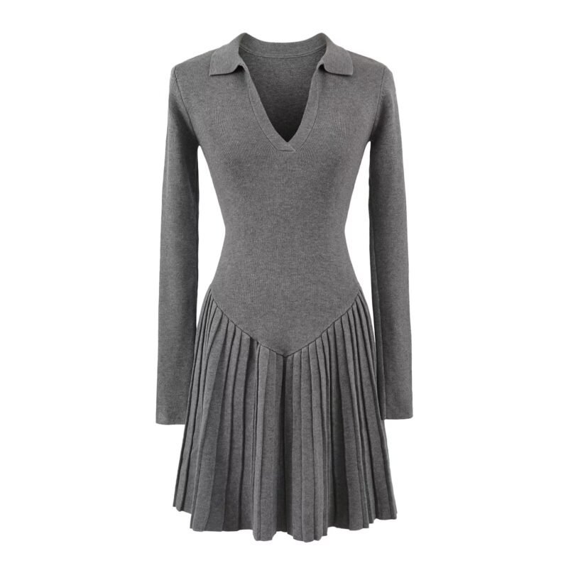 Collared Pleated long sleeve knit dress  #C008