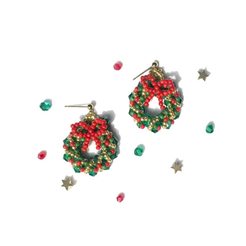 Christmas Wreath Handmade Beaded earrings  #A004