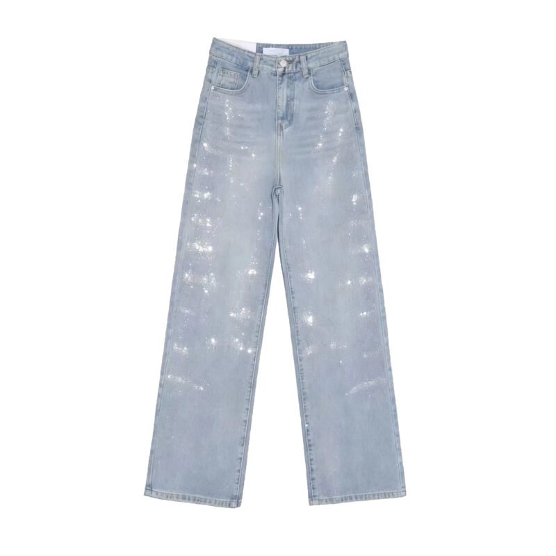 Rhinestone washed denim wide pants  #C020