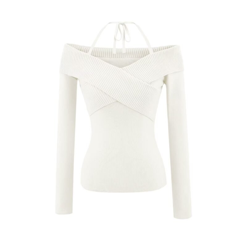 Off shoulder crisscross ribbed knit top with straps  #C014