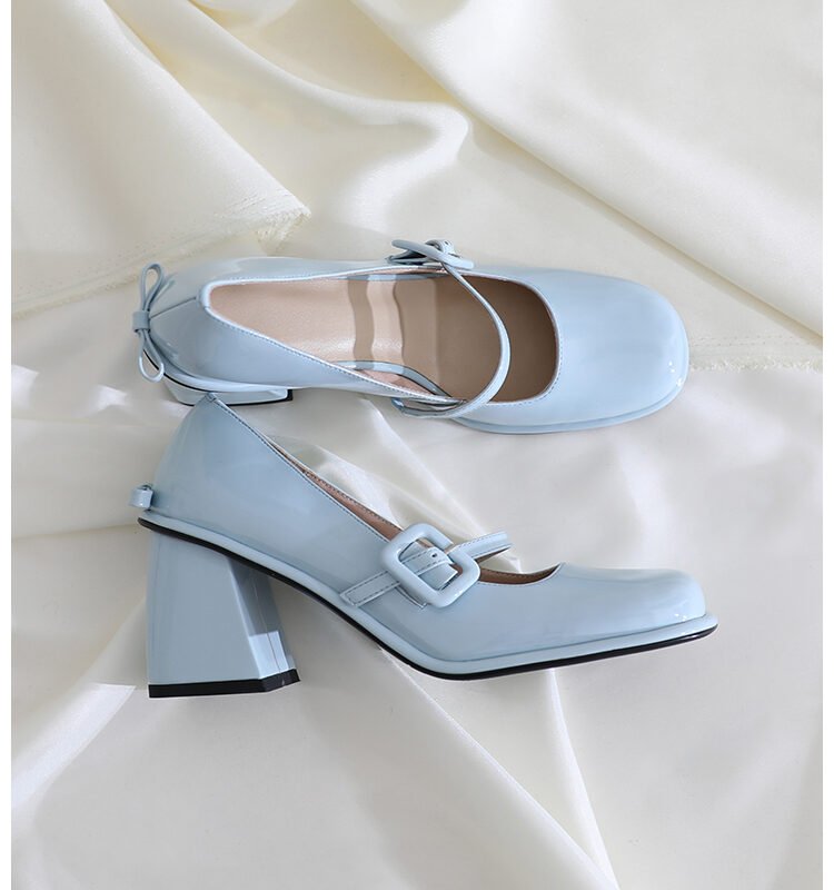 Mary Jane buckle block heel shoes with bowtie  #S004