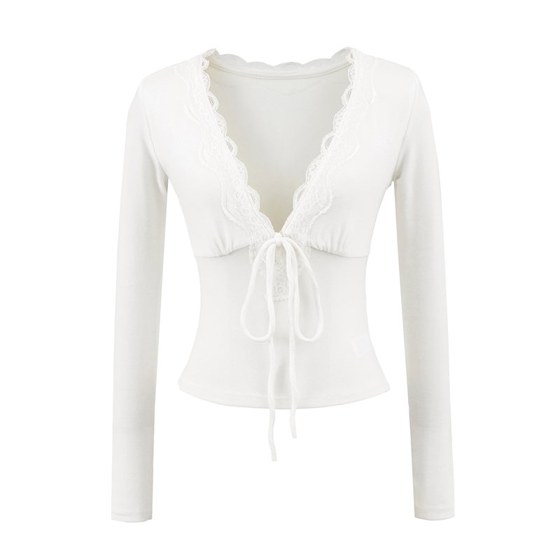 Deep V neck long sleeve top with lace trim  #C016