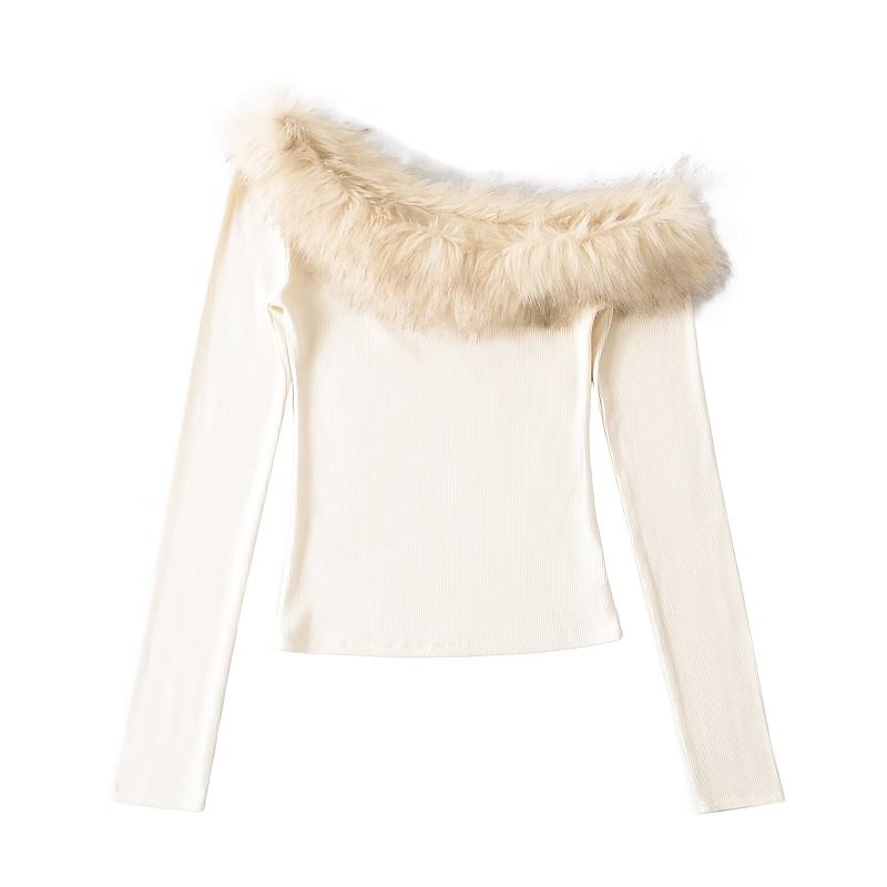 One shoulder long sleeve top with faux fur trim  #C026