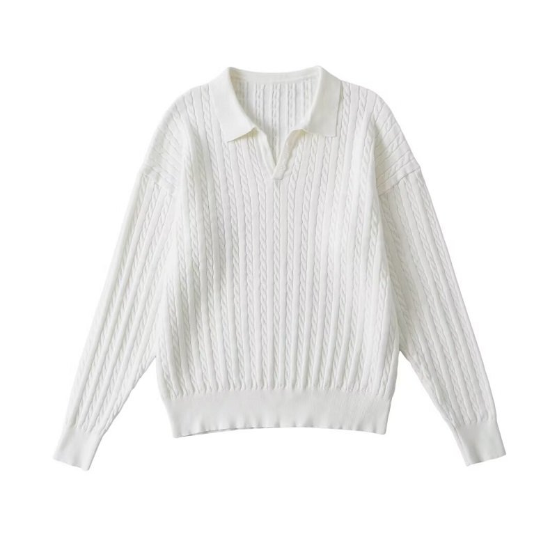 Wide fit cable knit polo sweater  #C023