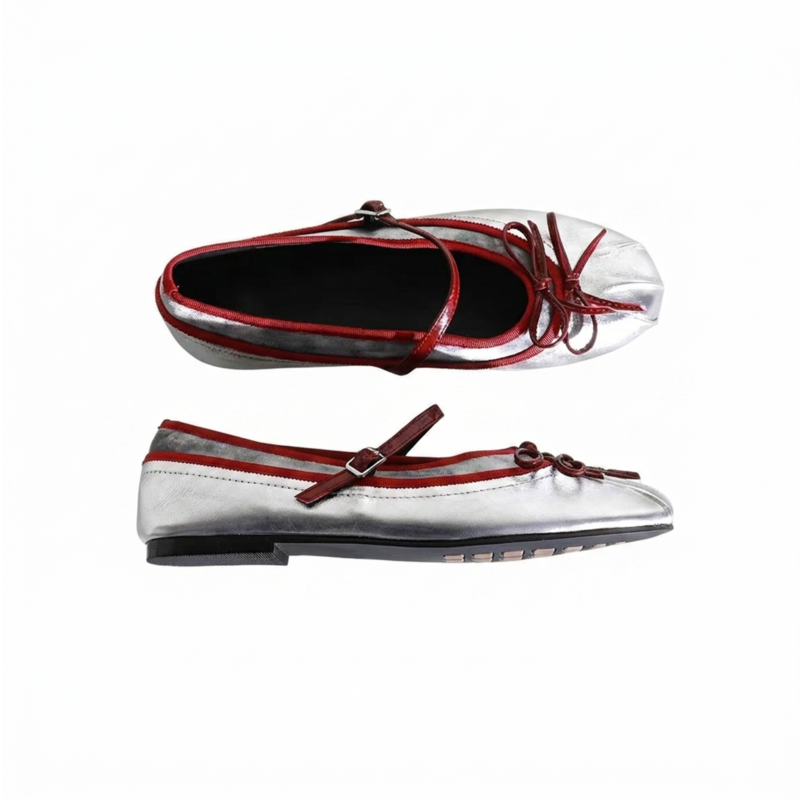 Ballet faux two-piece flats in silver with red bow  #S008