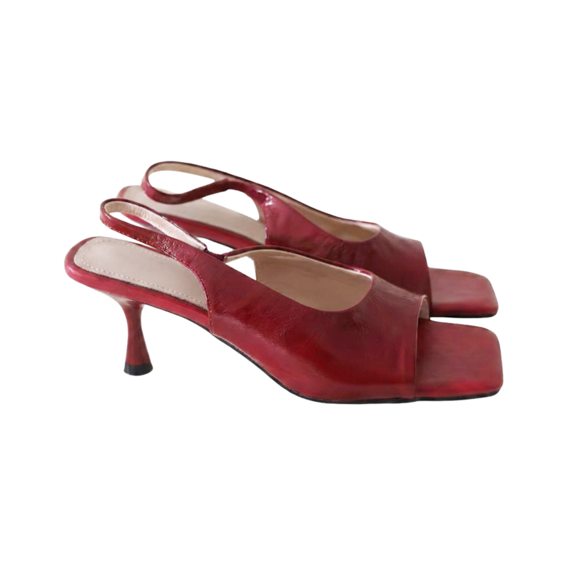 Kitten heels square peep toe sandals in bergundy  #S007