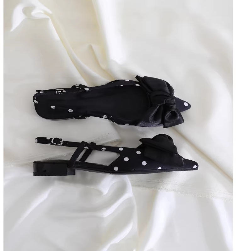 Flat pointed toe mules in polka dots/beige with ribbon bow  #S005