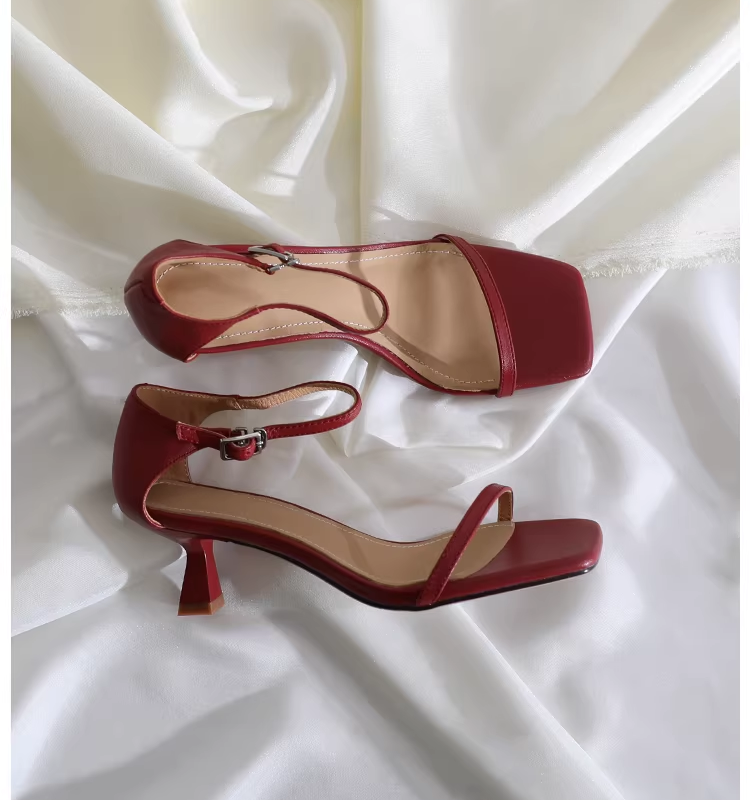 Kitten heels square toe barely there sandals in bergundy  #S006