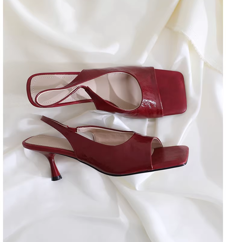 Kitten heels square peep toe sandals in bergundy #S007