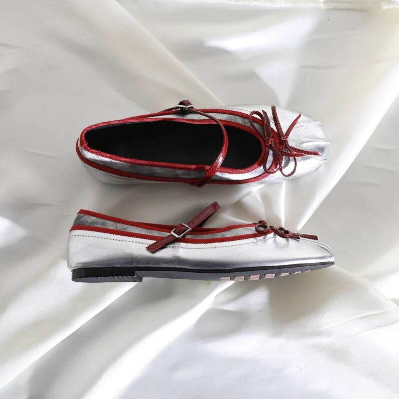 Ballet faux two-piece flats in silver with red bow  #S008