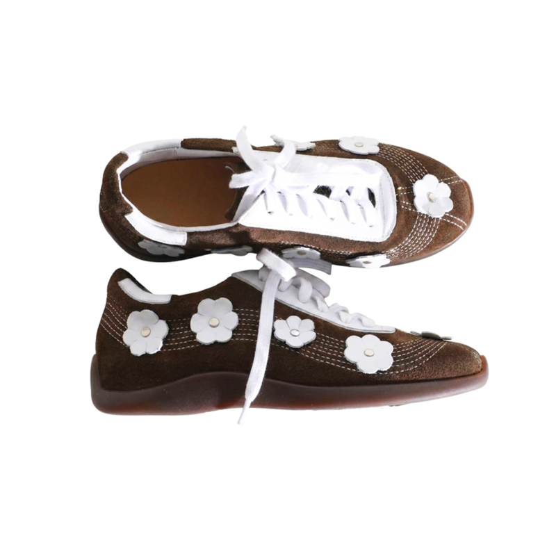 Ballet sneakers with white stitches and flowers in brown  #S014