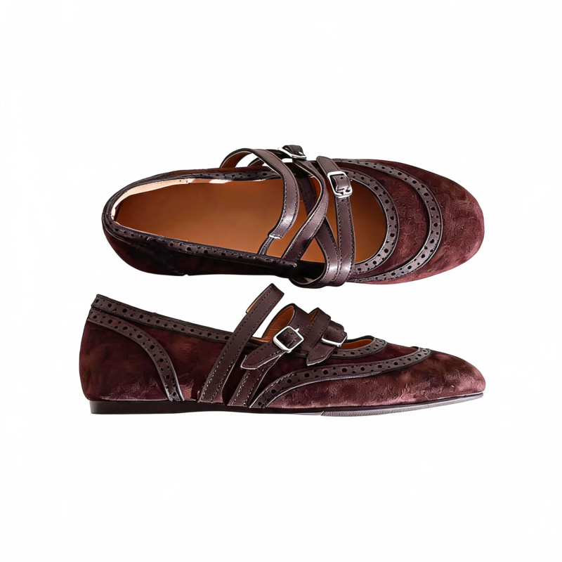 Ballet Mary Jane flats in suede with caven trim  #S020